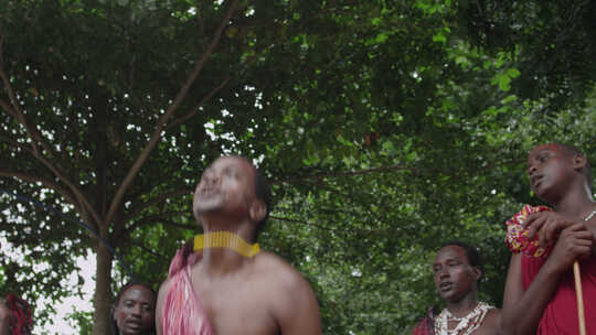 非洲坦桑尼亚色非洲马赛人穿传统服装跳舞唱歌