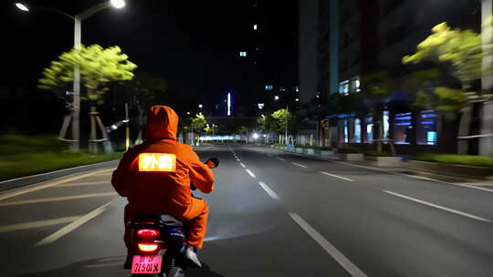 夜晚外卖员骑行在城市道路