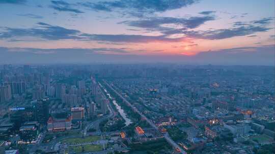 航拍西安城墙南门晚霞夜景延时