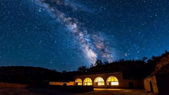 夜空下带灯光建筑的星空景象