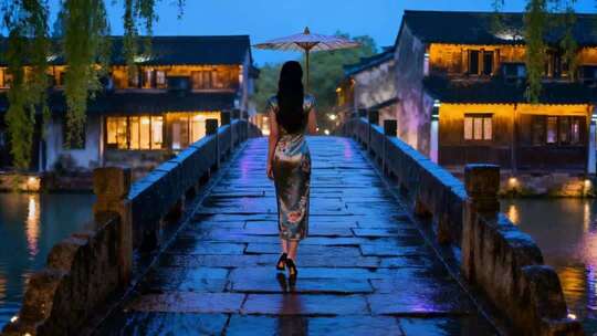 走在江南水乡湿滑石板路上的旗袍女子