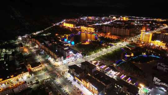 西藏林芝市会展中心城市夜景航拍风光