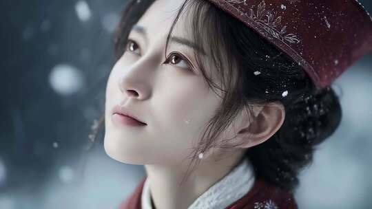 唐朝女子雪中仰望唯美意境