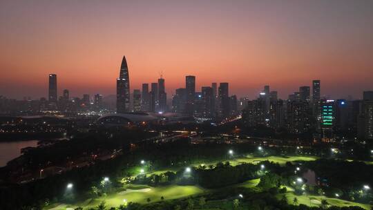 深圳南山区深圳湾日落晚霞夜景航拍