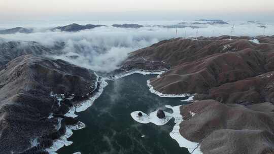 广西全州天湖雪景平流雾视频素材模板下载