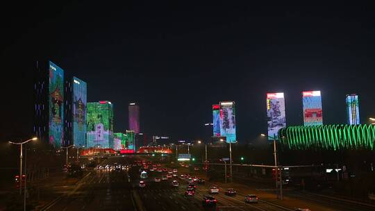 济南经十路夜晚灯光秀，楼体灯光亮化效果视频素材模板下载