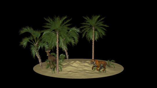 自然场景-老虎试图捕捉羚羊，棕榈树，阿尔