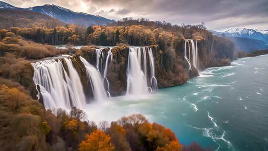 秋季山水瀑布全景