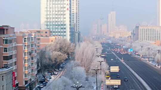 中国黑龙江哈尔滨城区雾凇雪景航拍