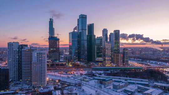 莫斯科城市商务中心和冬季早晨的城市天际线视频素材模板下载