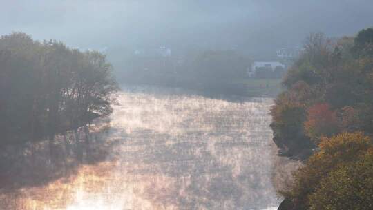 航拍安徽宣城泾县桃花潭两岸景区的唯美晨景