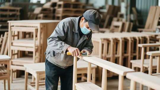 工人在工厂打磨木材