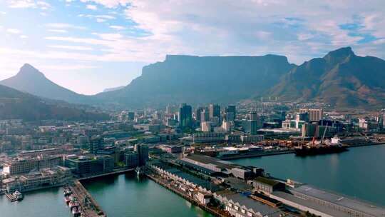 南非 开普敦港口城市标志性建筑航拍