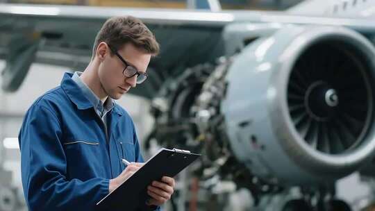 工人检查飞机发动机