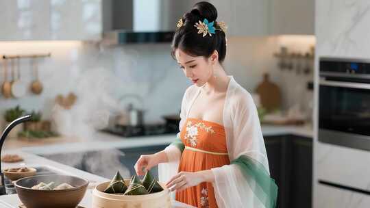 端午节包粽子美女包粽子食材