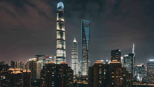 上海陆家嘴三件套夜景延时摄影4k视频素材模板下载
