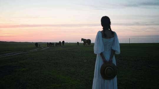美女游客游览草原牧场