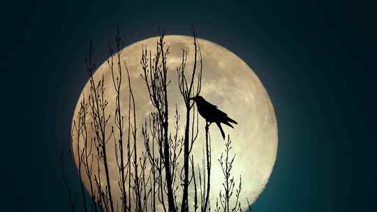 月亮下的意境鸟剪影