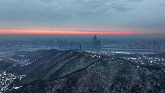 长沙岳麓山清晨日出雪景航拍