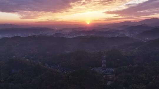 新昌大佛寺栖光净寺万佛塔日出航拍