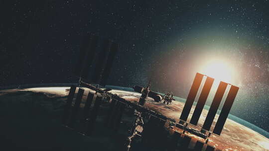 地球日部分带太阳能电池板的运动图ISS