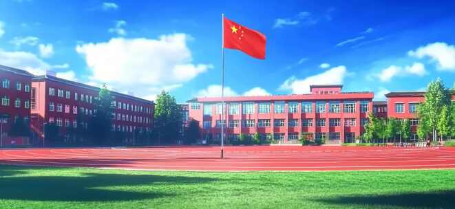 学校操场国旗飘扬场景
