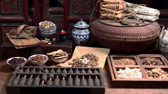 木桌木雕家具老中药房研究中药配方计量药方