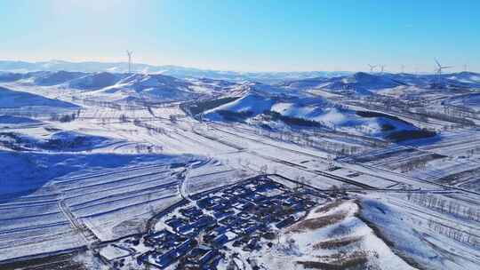 冬季承德丰宁坝上风电蓝天白云雪景航拍