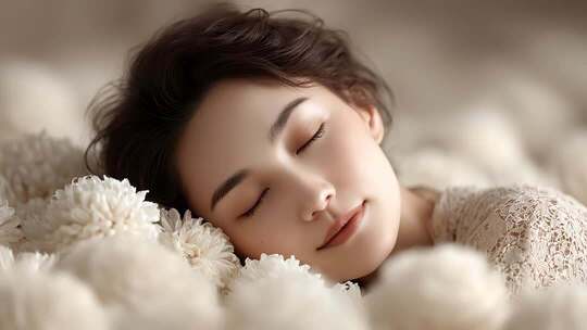 花丛中沉睡的宁静女性面容