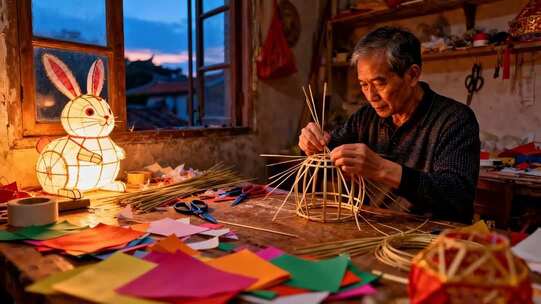 老人室内制作兔子灯笼素材