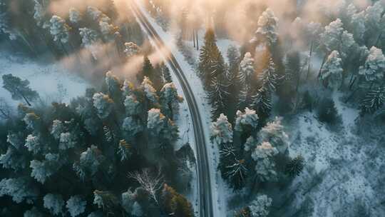 冬天森林航拍 雾气森林 公路汽车广告片头