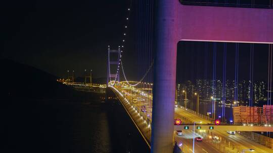 香港青马大桥车流夜景航拍