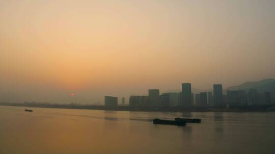 杭州富阳区富春大桥夕阳航拍