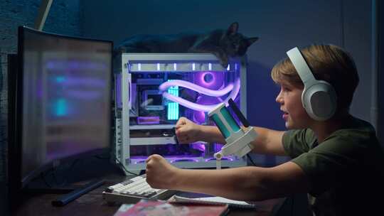 一个小男孩很高兴在在线游戏中与队友一起赢