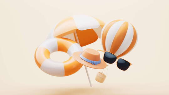 沙滩热气球与太阳伞泳圈眼镜帽子3d循环