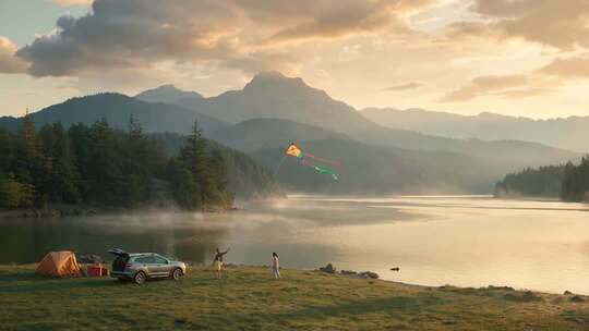 户外露营放风筝家庭