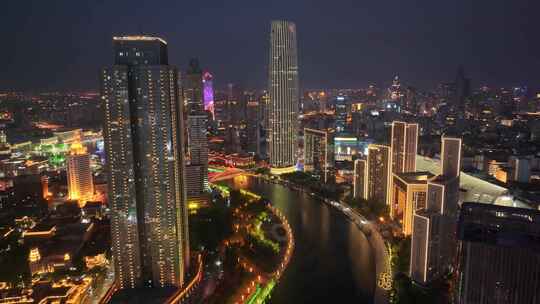 天津市海河津湾广场夜景航拍解放桥世纪钟海