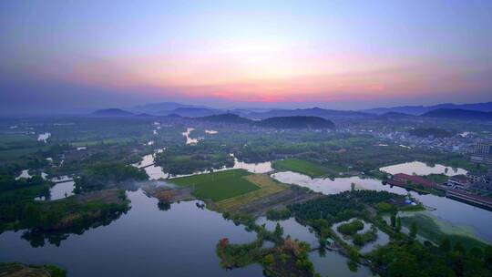 航拍夕阳下诸暨著名景点白塔湖国家湿地公园