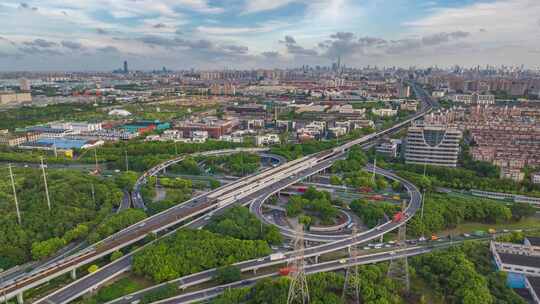 航拍上海外环高速蕴川公路立交桥城市延时