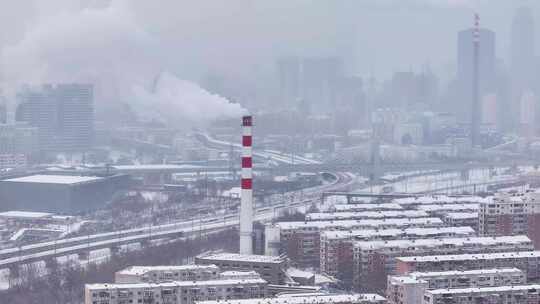 中国东北辽宁沈阳冬季雪后城市航拍