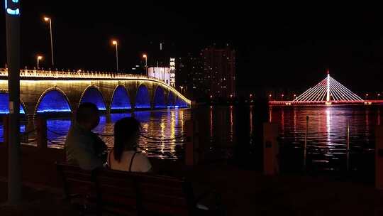 公园 湖面 夜景 夏天 桥梁 城市 夜晚