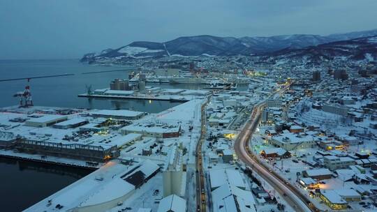 日本北海道小樽城市港口风光航拍