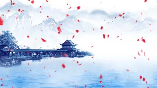 古风山水楼阁花瓣飘落场景