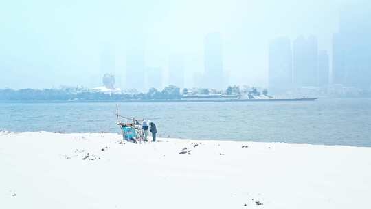 长沙橘子洲湘江大雪雪景航拍