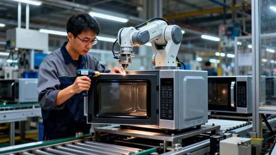 工人于工厂操作机械臂组装微波炉