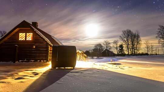 雪夜木屋月光下风景
