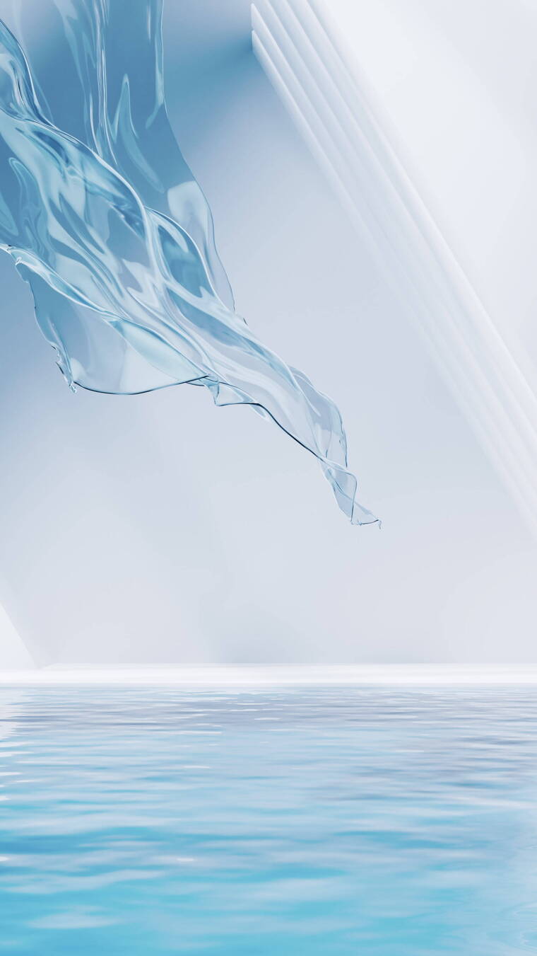 室内水面与流动的透明布料3D渲染