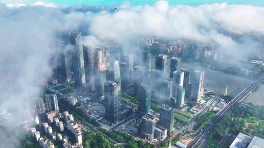 一线城市广州琶洲cbd云雾航拍