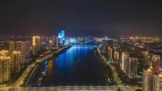 航拍福建福州夜景延时闽江两岸灯光