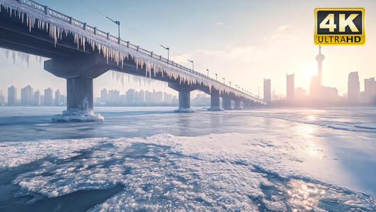 城市冰封路面桥面建筑大自然唯美风景